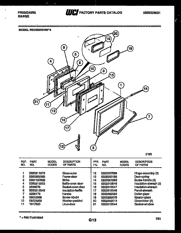 DOOR PARTS Diagram and Parts List for REGS39WNW4  Frigidaire Range