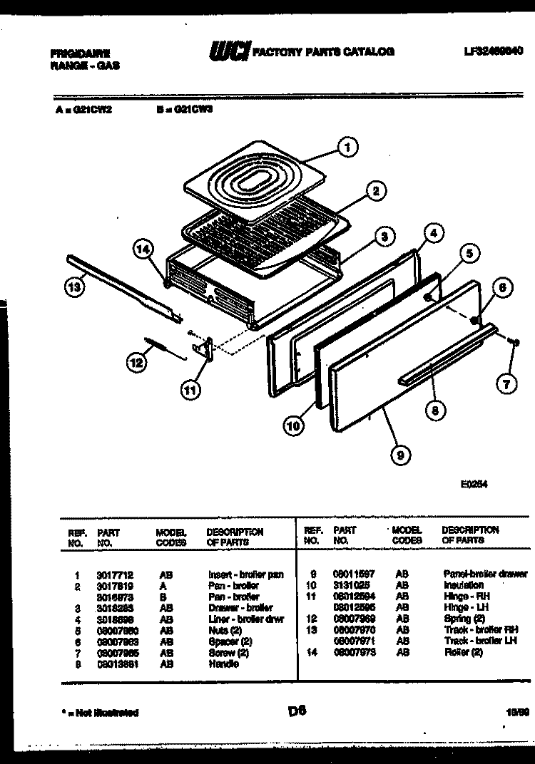 BROILER DRAWER PARTS Diagram and Parts List for G21CW3  Frigidaire Range