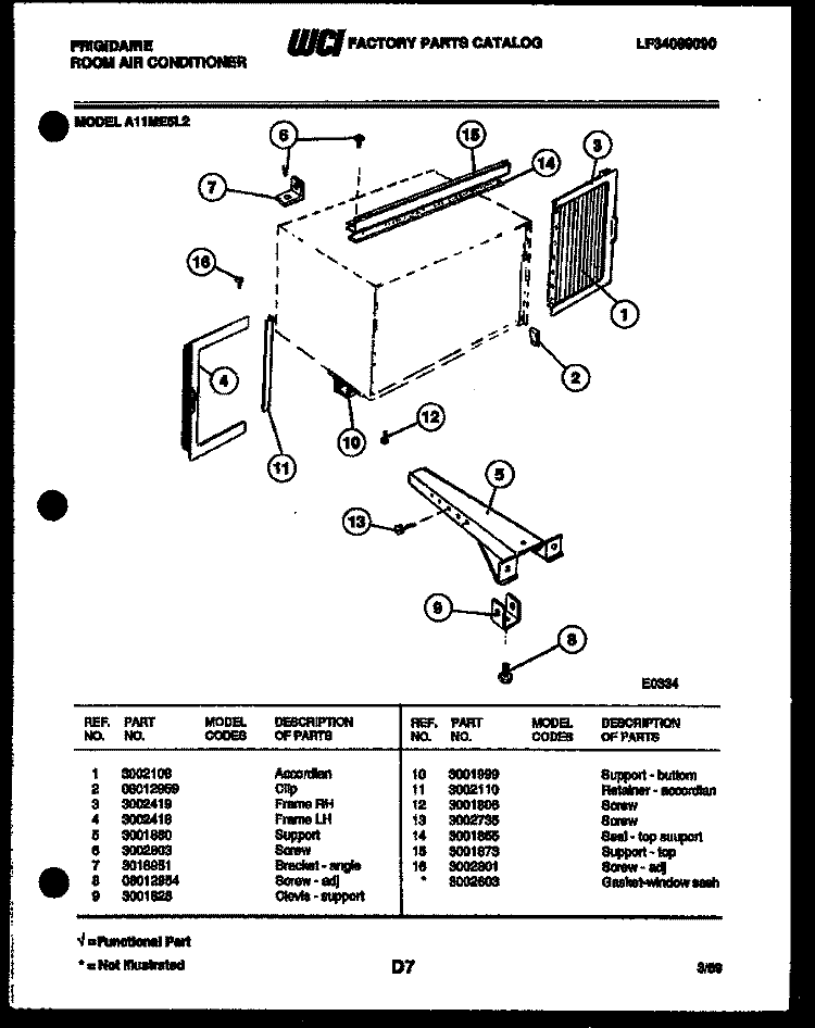 WINDOW MOUNTING PARTS Diagram and Parts List for A11ME5L2  Frigidaire Air Conditioner