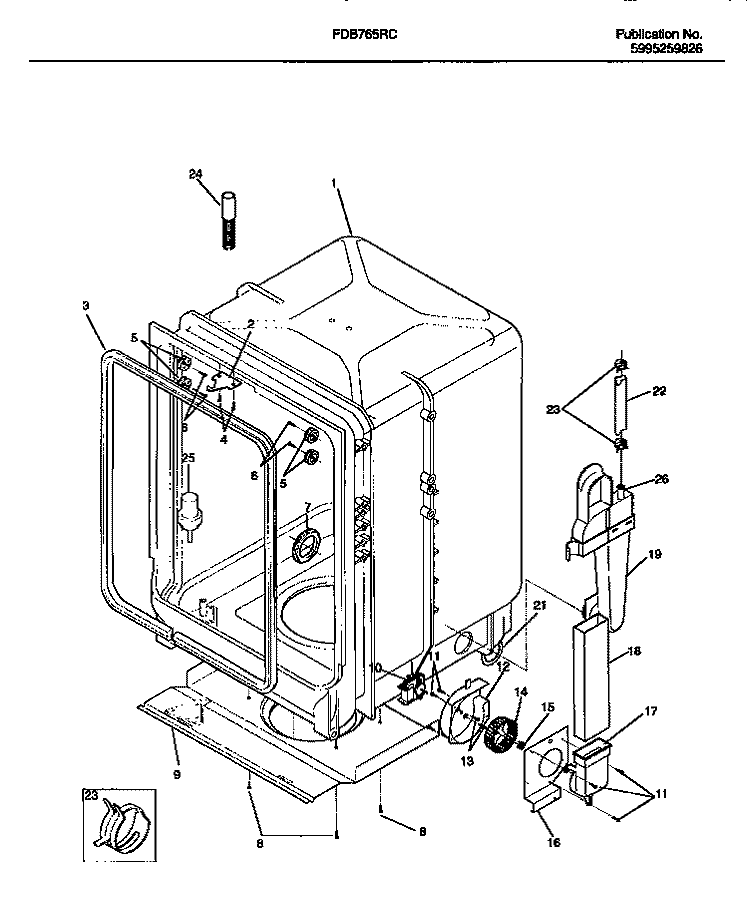 TUB Diagram and Parts List for FDB765RCR0  Frigidaire Dishwasher
