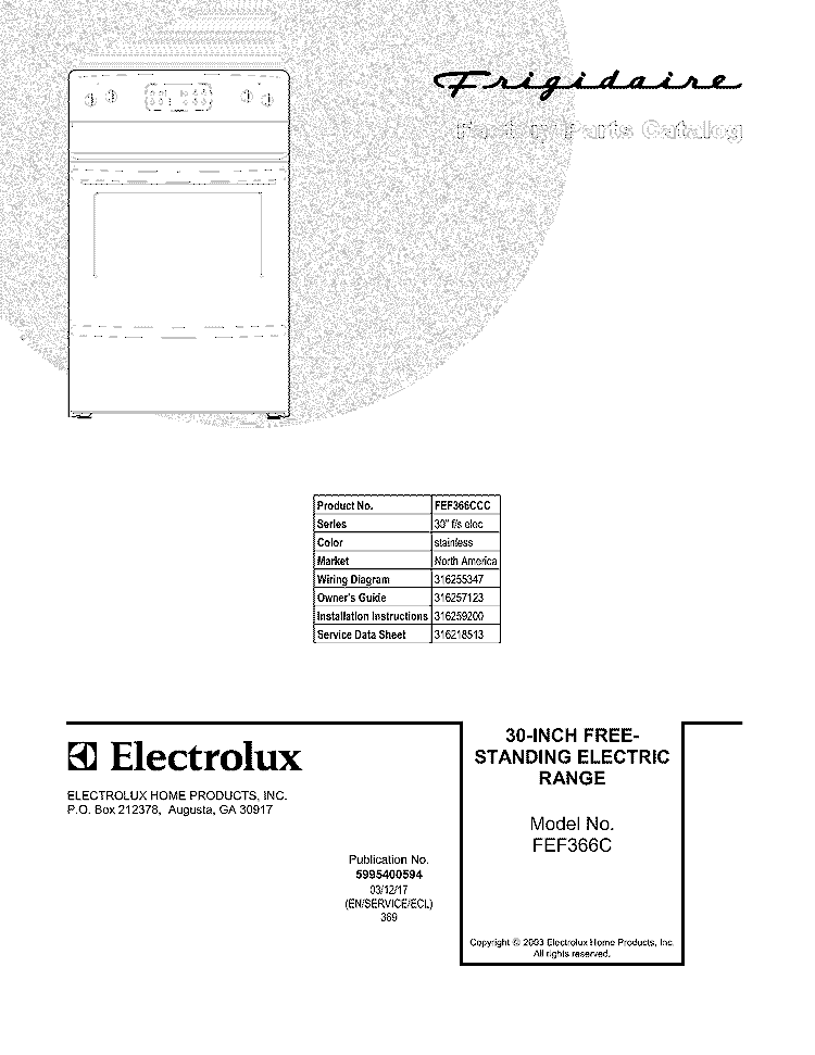 COVER Diagram and Parts List for FEF366CCC  Frigidaire Range