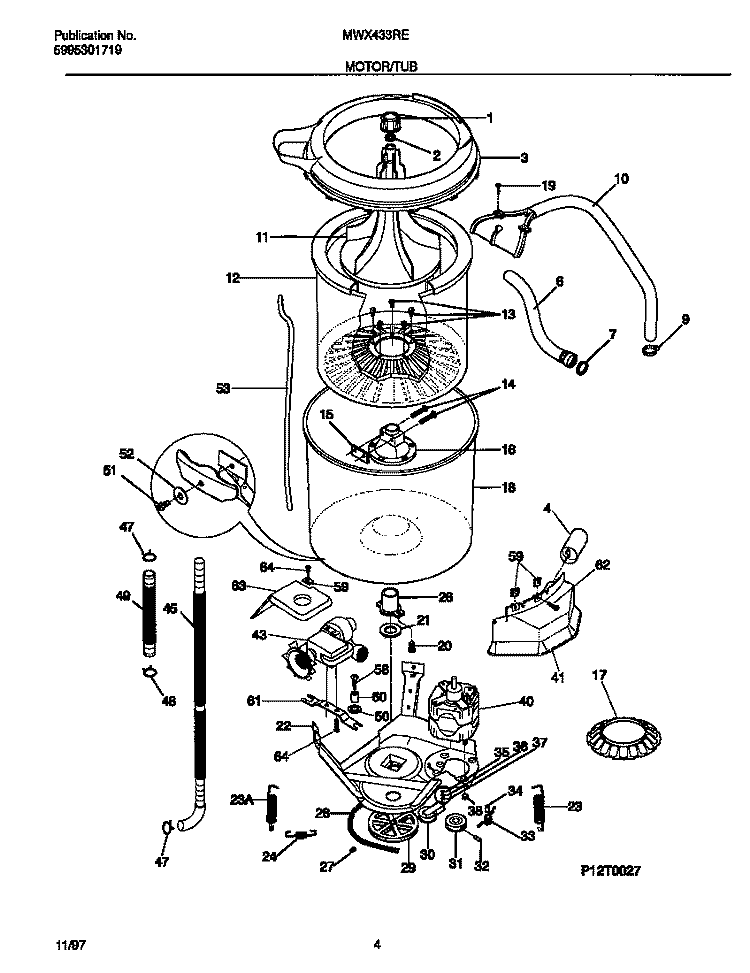 MOTOR / TUB Diagram and Parts List for MWX433RED2  Frigidaire Washer