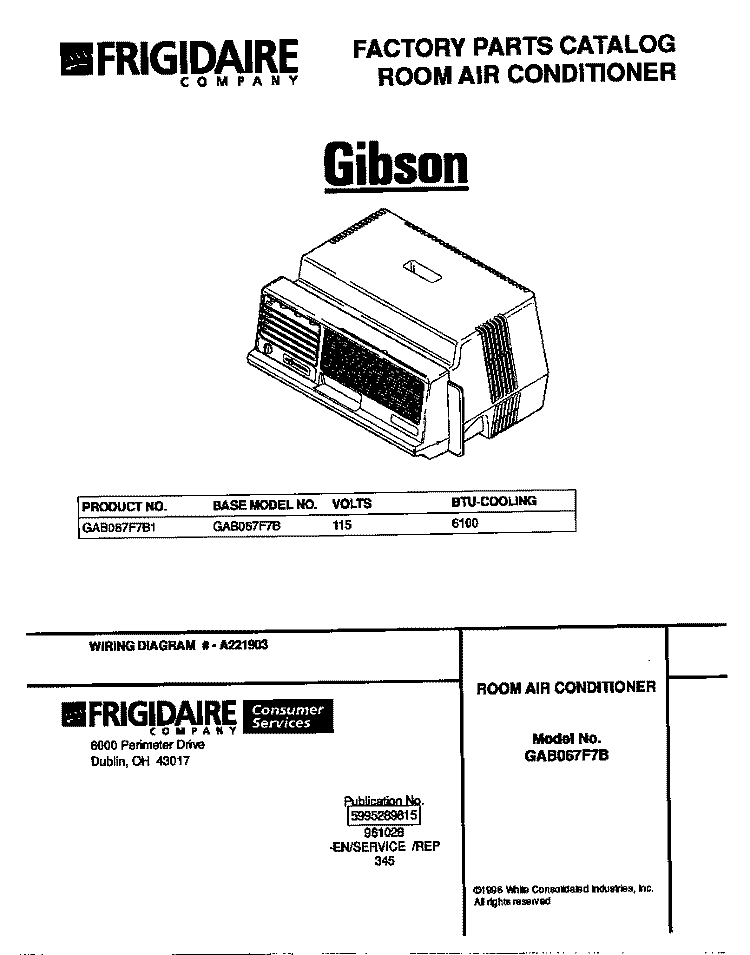 COVER Diagram and Parts List for GAB067F7B1  Gibson Air Conditioner