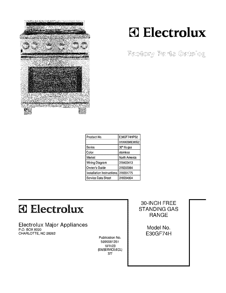 COVER Diagram and Parts List for E30GF74HPS2  Electrolux Range