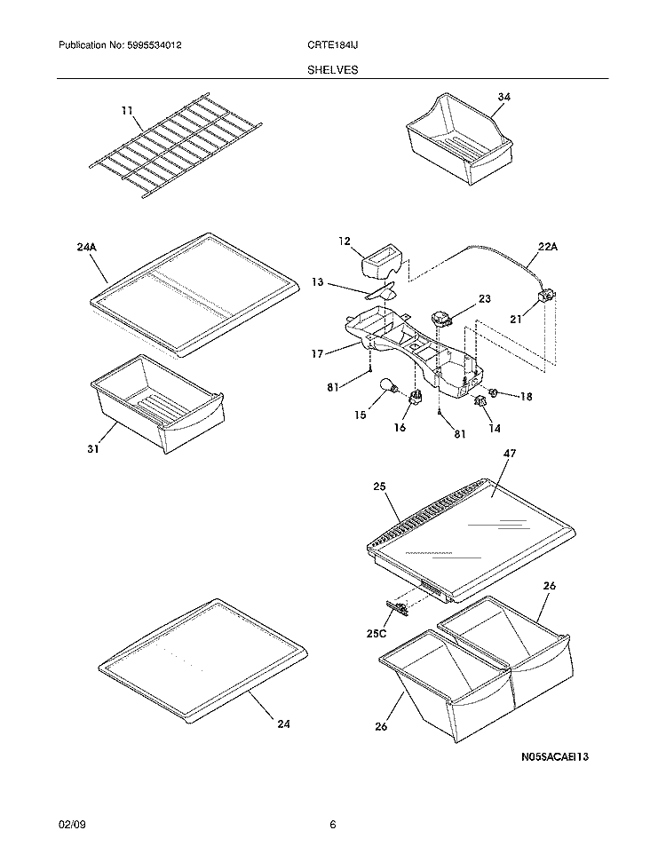 SHELVES Diagram and Parts List for CRTE184IJS3  Frigidaire Refrigerator