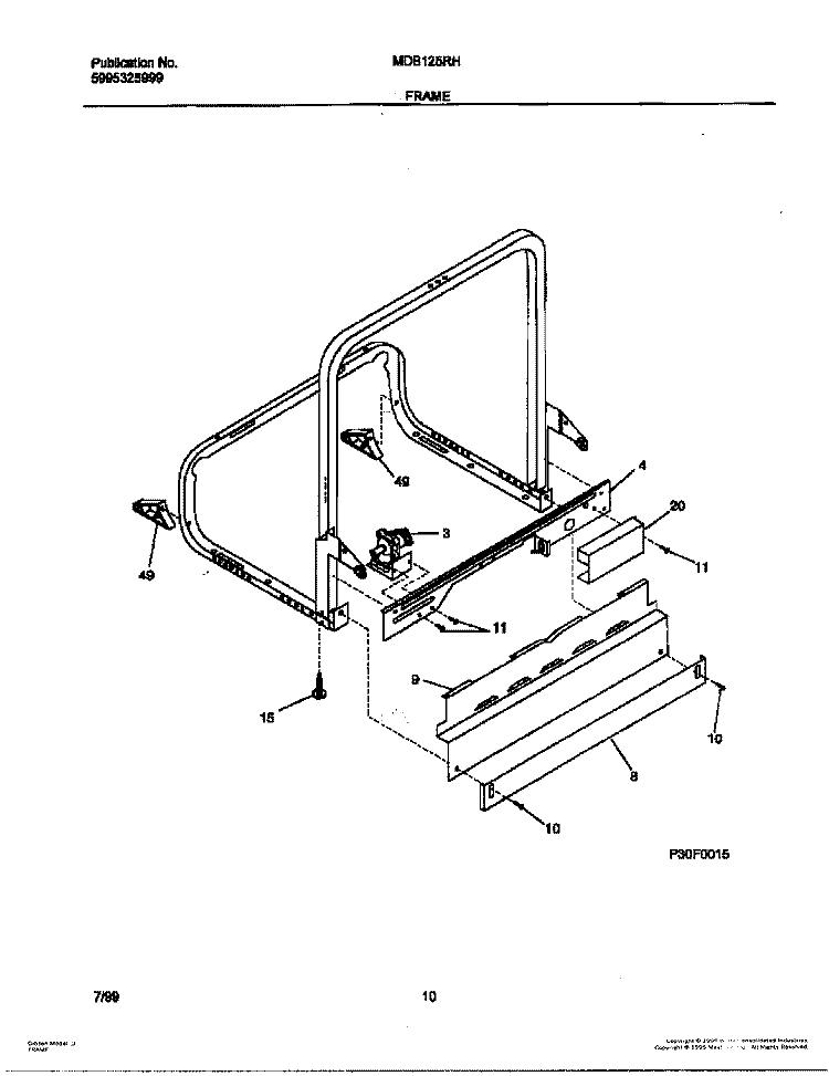 FRAME Diagram and Parts List for MDB125RHS0  Tappan Dishwasher