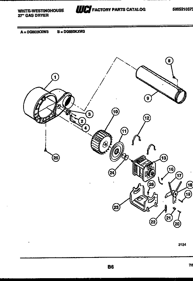 BLOWER AND DRIVE PARTS Diagram and Parts List for DG650KXW3  Frigidaire Dryer