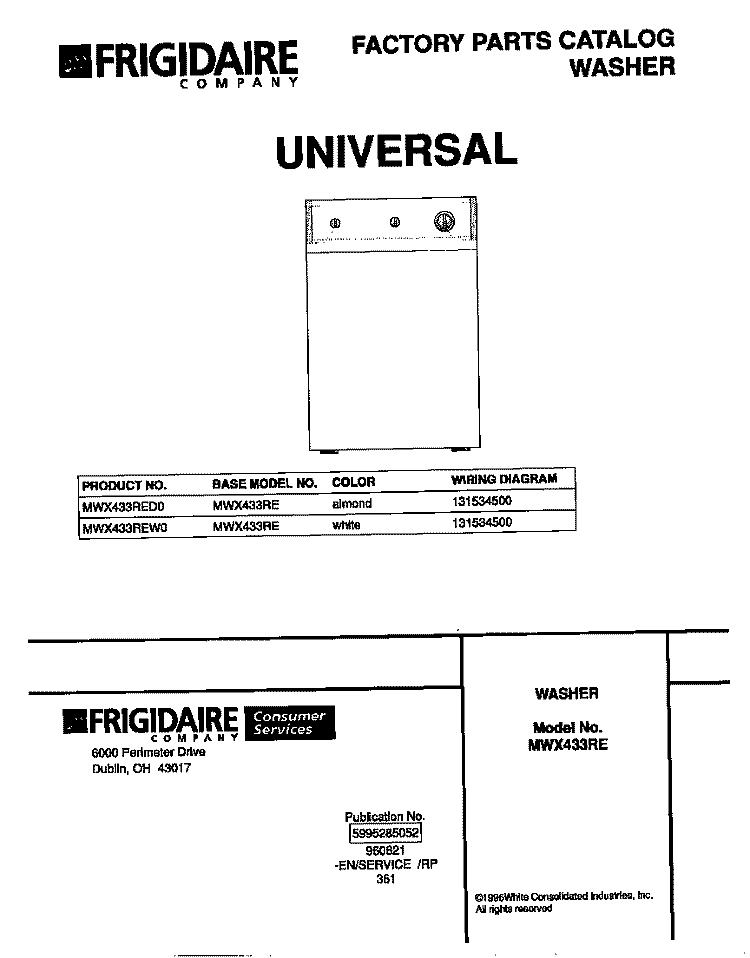 COVER Diagram and Parts List for MWX433REW0  Frigidaire Washer