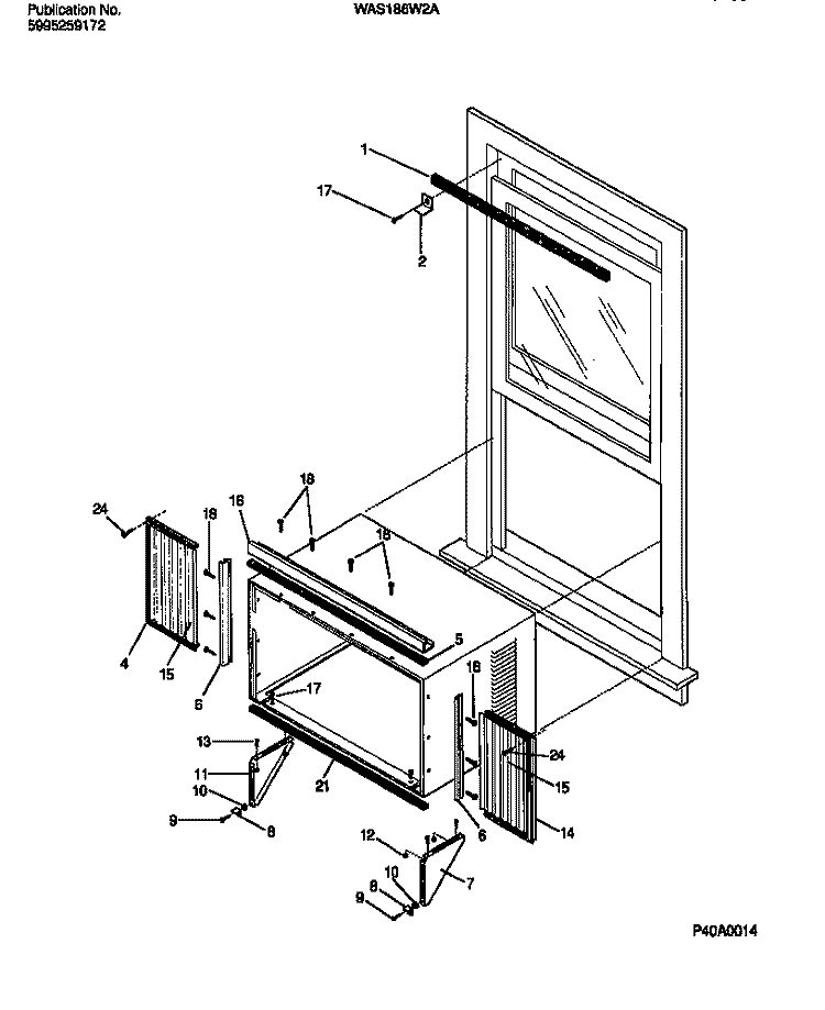 WINDOW MOUNTING PARTS Diagram and Parts List for WAS186W2A2  Frigidaire Air Conditioner