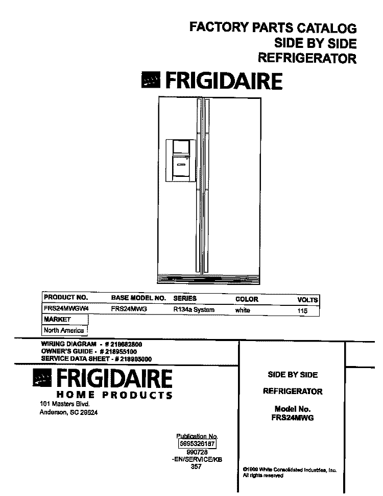 COVER Diagram and Parts List for FRS24MWGW4  Frigidaire Refrigerator