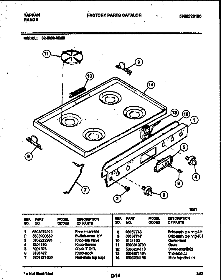 COOKTOP PARTS Diagram and Parts List for 32-2639-00-06  Tappan Range
