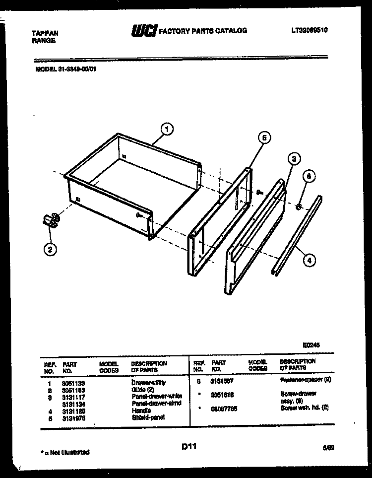 DRAWER PARTS Diagram and Parts List for 31-3349-00-01  Tappan Range