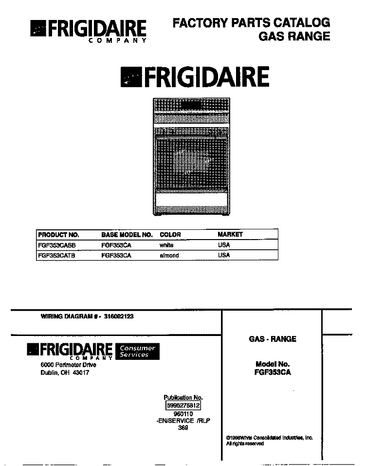 COVER Diagram and Parts List for FGF353CASB  Frigidaire Range
