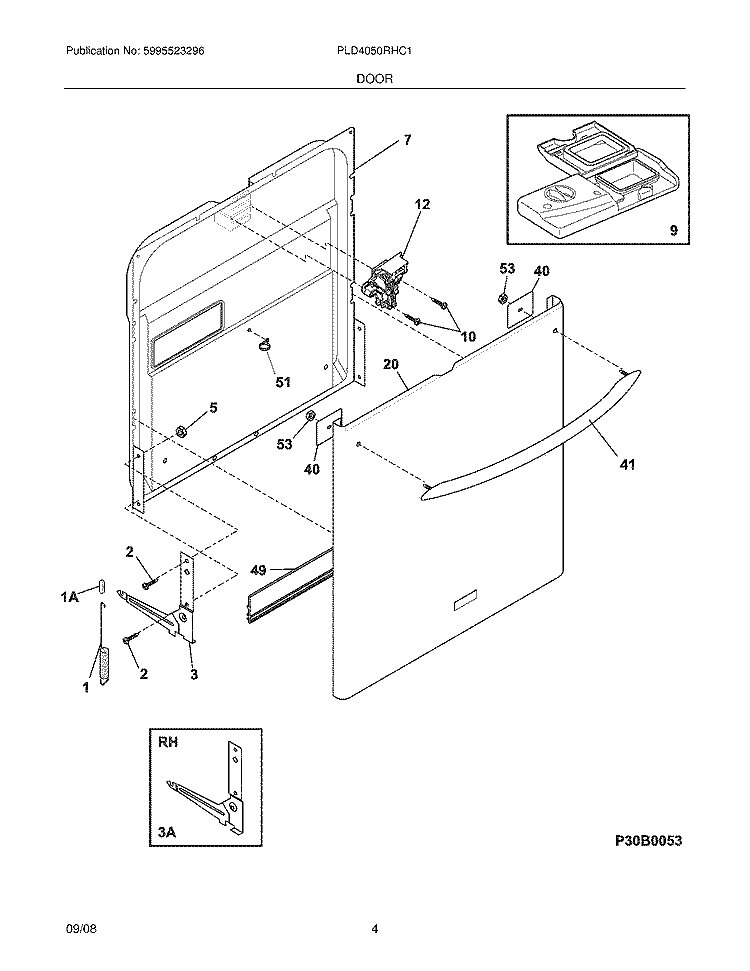 DOOR Diagram and Parts List for PLD4050RHC1  Frigidaire Dishwasher