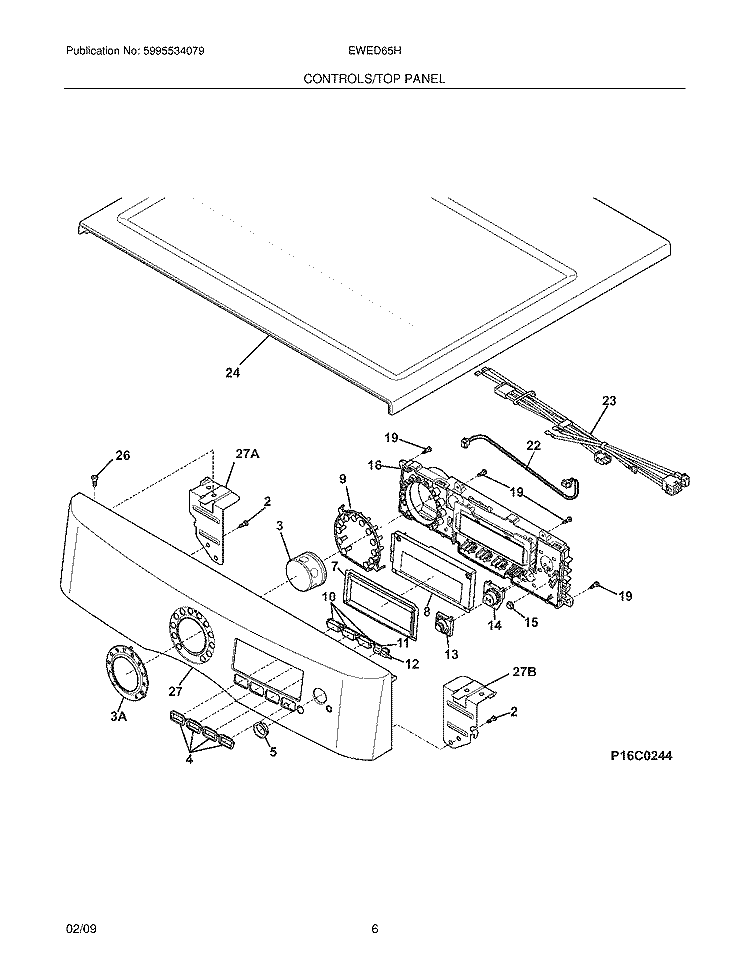 CONTROLS/TOP PANEL Diagram and Parts List for EWED65HIW0  Electrolux Dryer