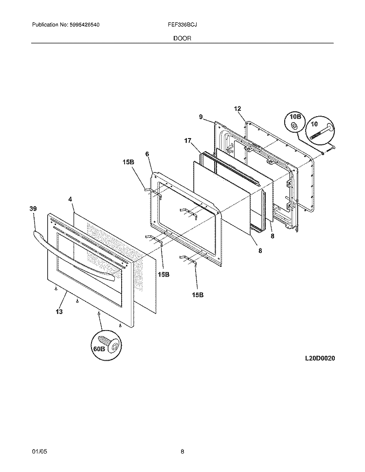 DOOR Diagram and Parts List for FEF336BCJ  Frigidaire Range