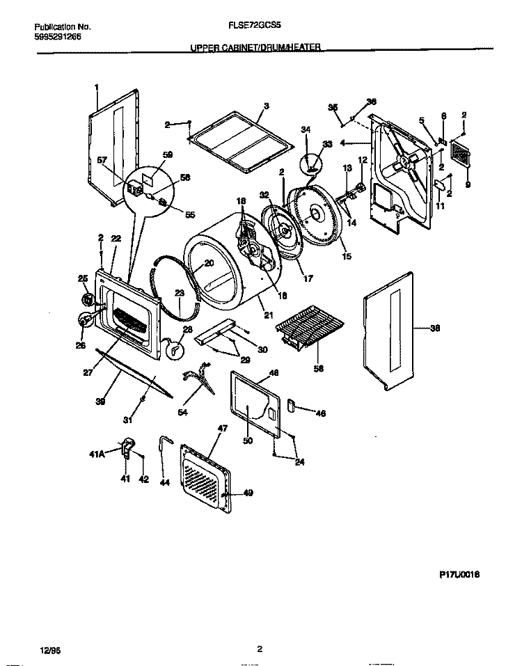 UPPER CABINET / DRUM / HEATER Diagram and Parts List for FLSE72GCT5  Frigidaire Washer Dryer Combo