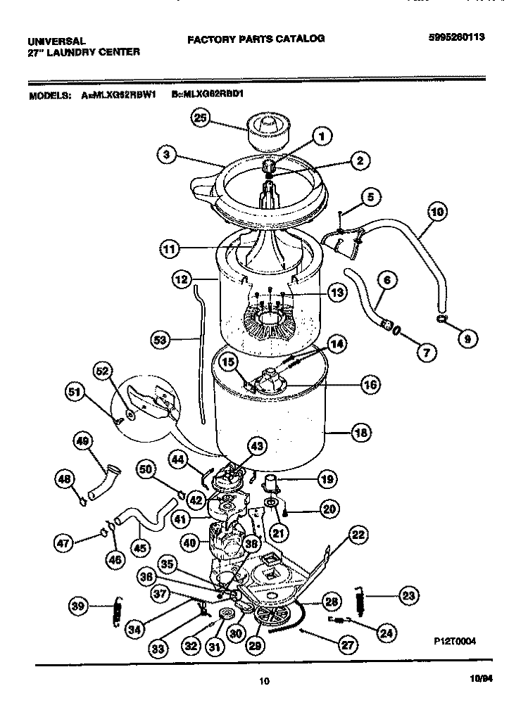 WASHER - TUBS, HOSES, MOTOR Diagram and Parts List for MLXG62RBW1  Frigidaire Washer Dryer Combo