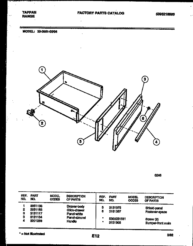 DRAWER PARTS Diagram and Parts List for 30-3851-00-04  Tappan Range