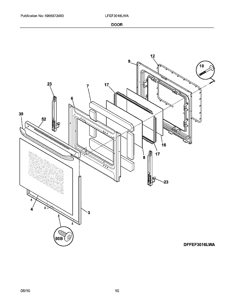 DOOR Diagram and Parts List for LFEF3018LWA  Frigidaire Range