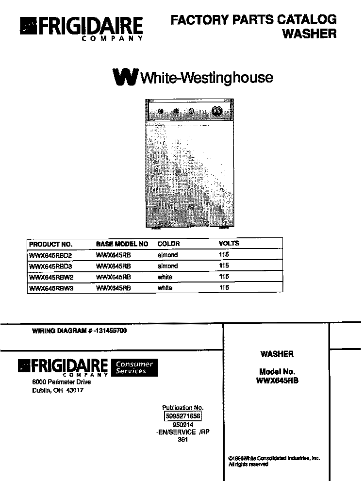 COVER Diagram and Parts List for WWX645RBW3  Frigidaire Washer
