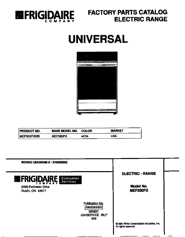 COVER Diagram and Parts List for MEF300PXWB  Frigidaire Range