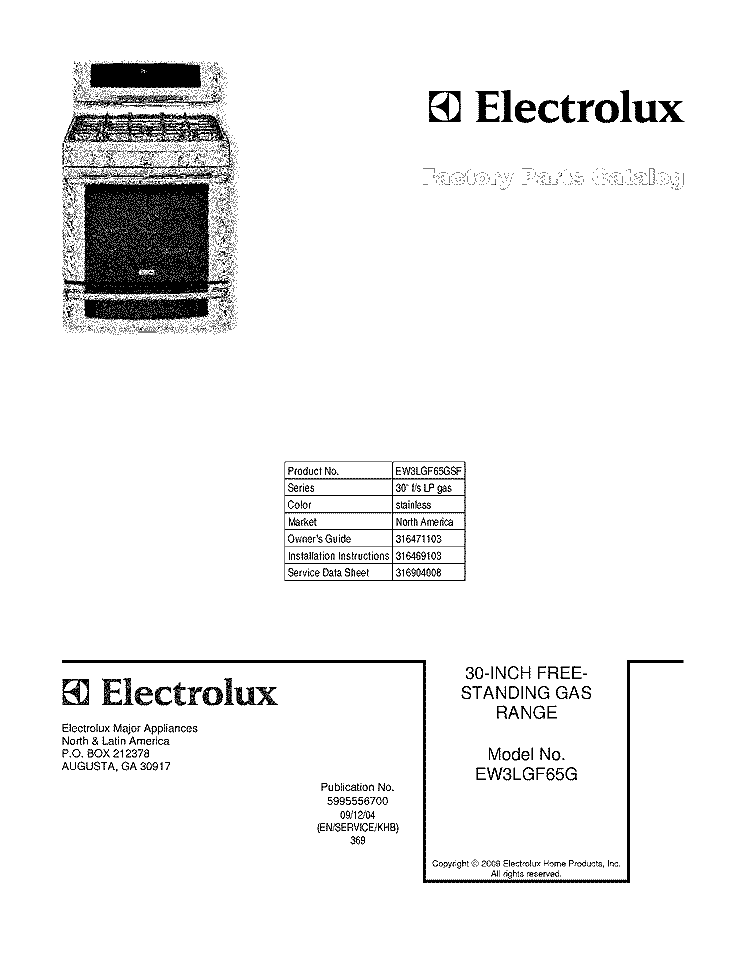 COVER Diagram and Parts List for EW3LGF65GSF  Electrolux Range