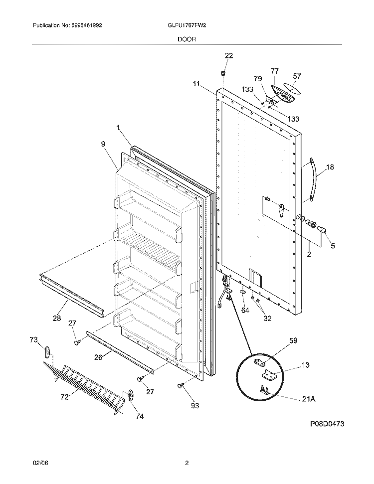 DOOR Diagram and Parts List for GLFU1767FW2  Frigidaire Freezer