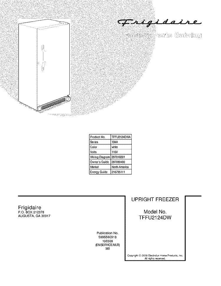 COVER Diagram and Parts List for TFFU2124DWA  Frigidaire Freezer