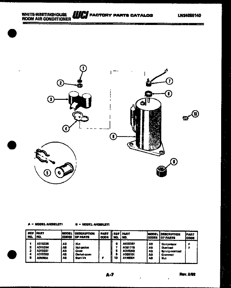 COMPRESSOR PARTS Diagram and Parts List for AH095L2T1  Frigidaire Air Conditioner