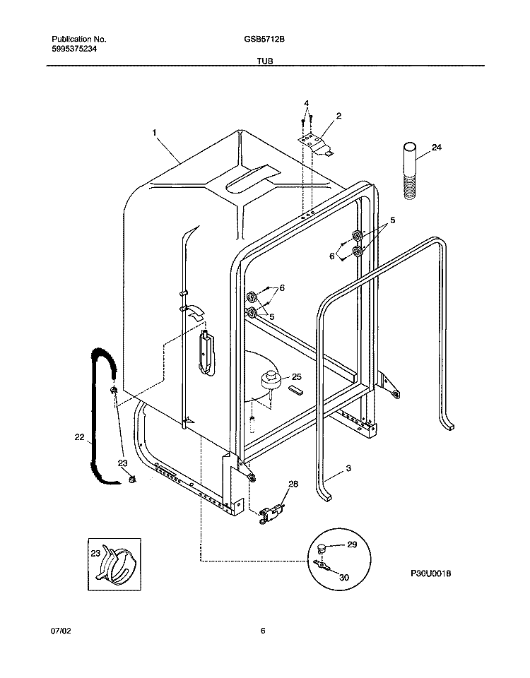 TUB Diagram and Parts List for GSB5712BS0  Frigidaire Dishwasher
