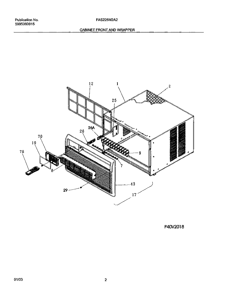 CABINET FRONT AND WRAPPER Diagram and Parts List for FAS225M2A2  Frigidaire Air Conditioner