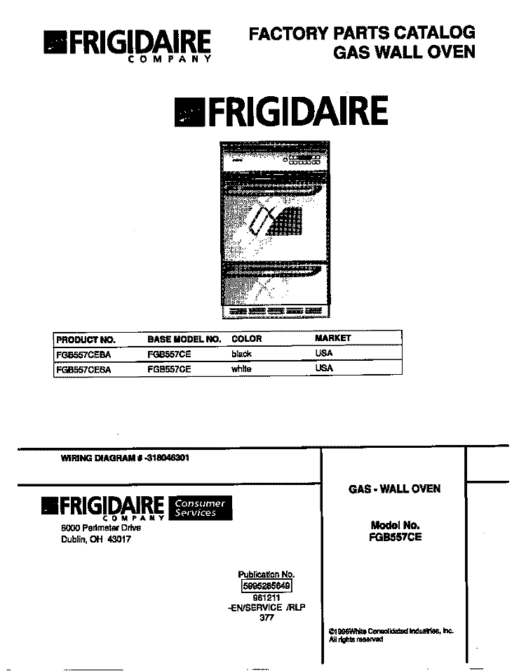 COVER Diagram and Parts List for FGB557CESA  Frigidaire Wall Oven