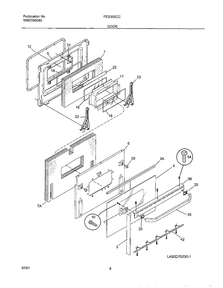DOOR Diagram and Parts List for FES355CCTK  Frigidaire Range