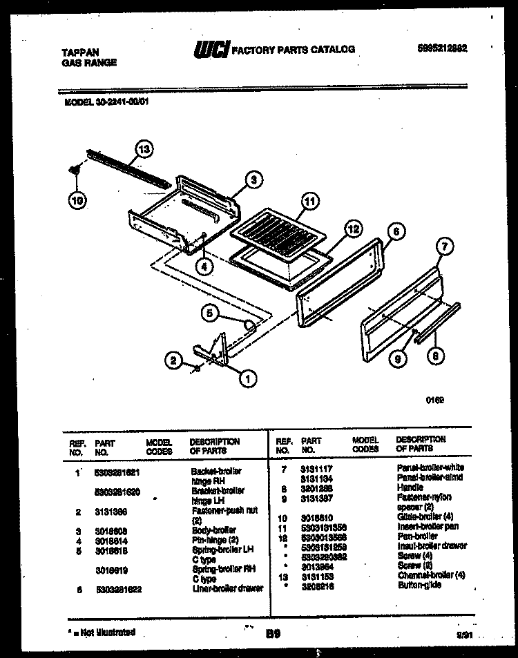 BROILER DRAWER PARTS Diagram and Parts List for 30-2241-23-01  Tappan Range
