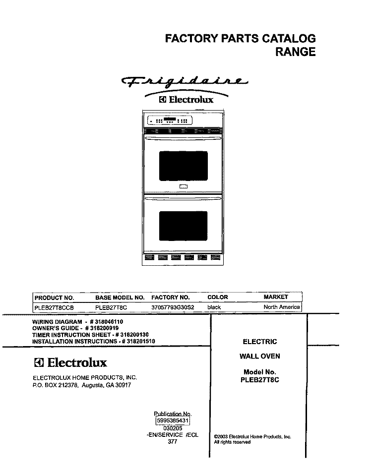 COVER Diagram and Parts List for PLEB27T8CCB  Frigidaire Wall Oven