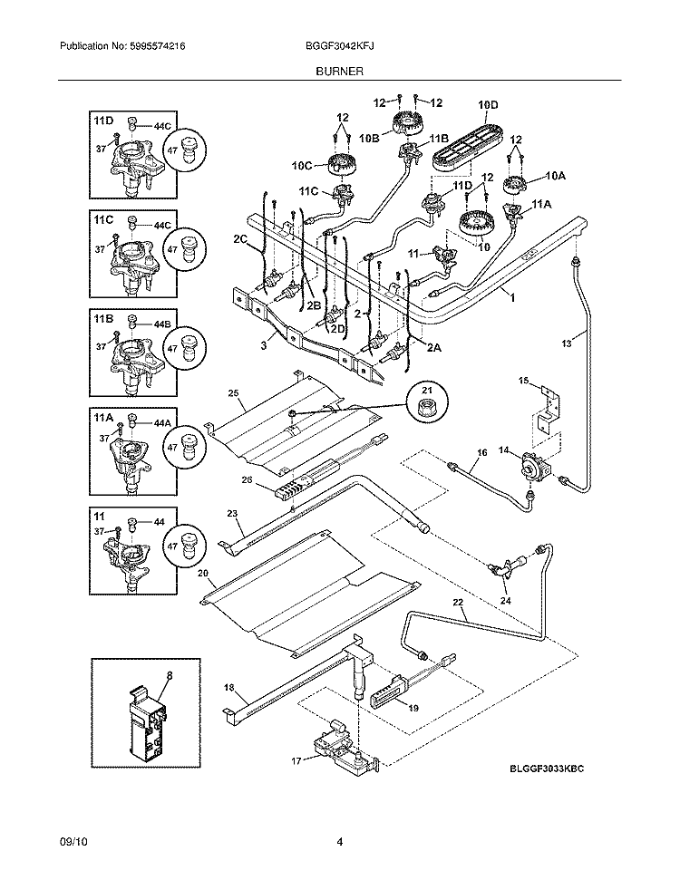 BURNER Diagram and Parts List for BGGF3042KFJ  Frigidaire Range