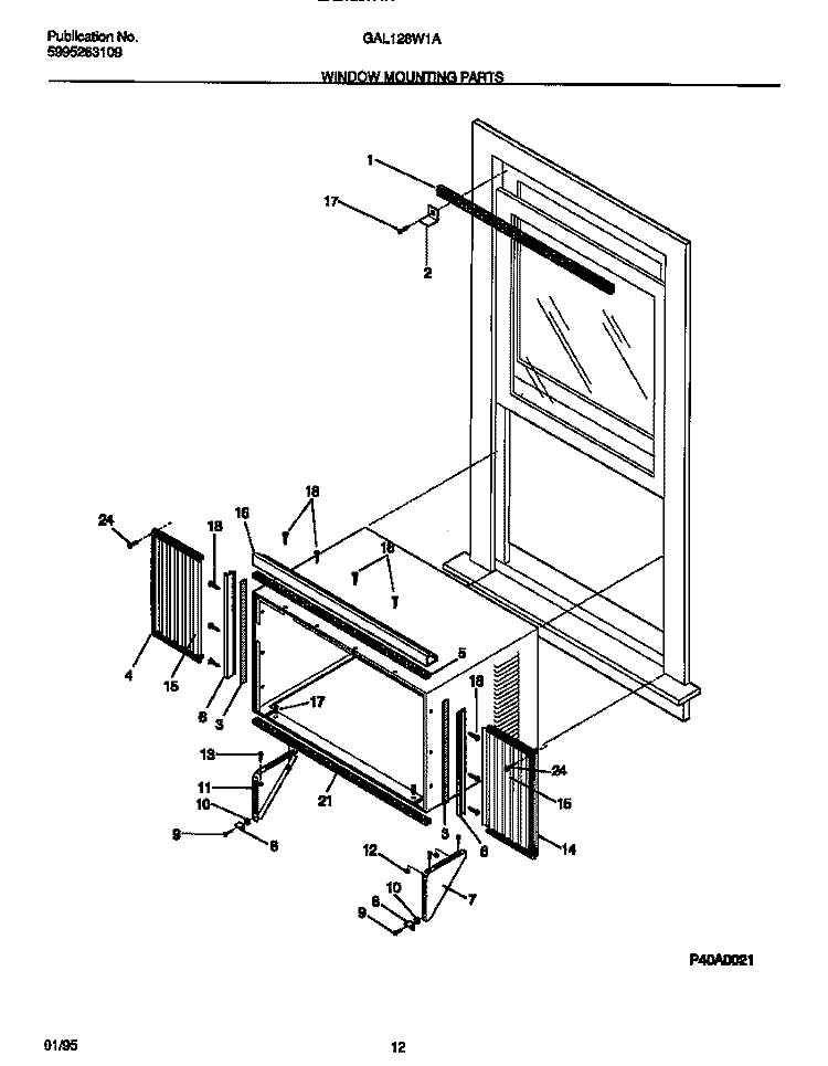 WINDOW MOUNTING PARTS Diagram and Parts List for GAL128W1A1  Gibson Air Conditioner