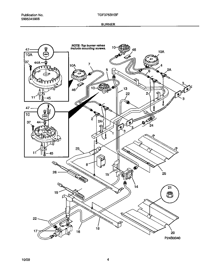 BURNER Diagram and Parts List for TGF375BHBF  Tappan Range
