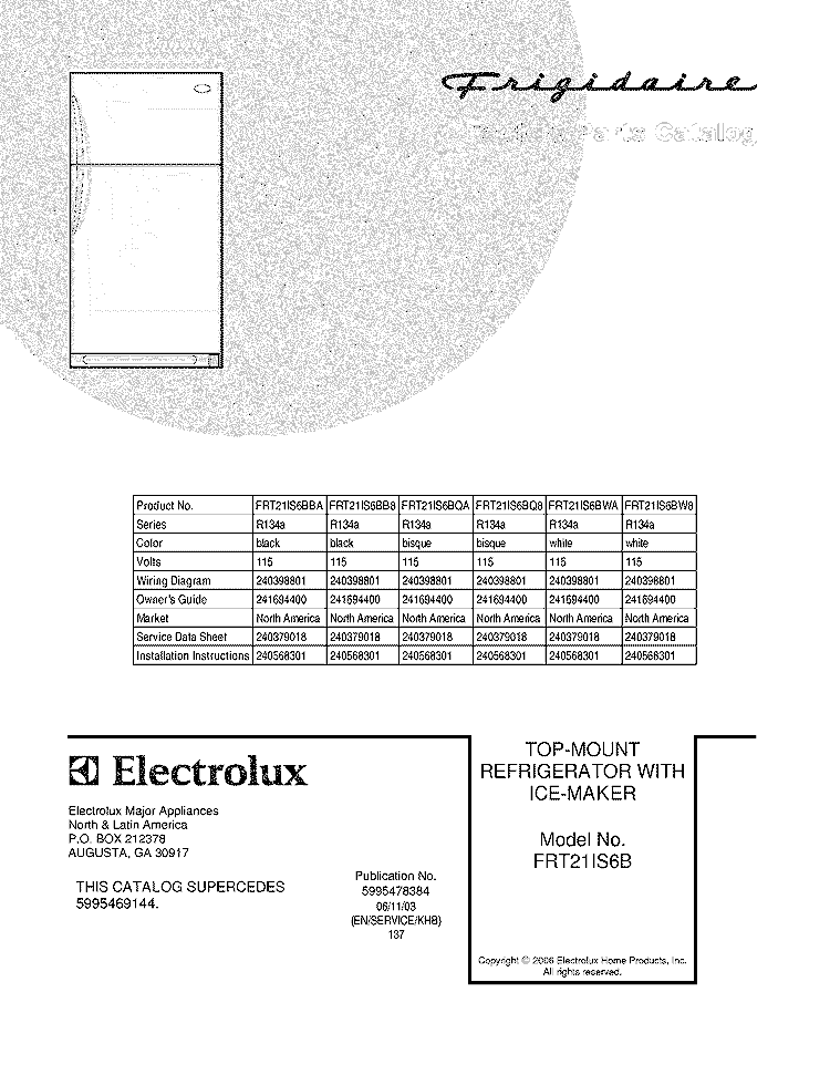 COVER Diagram and Parts List for FRT21IS6BQ8  Frigidaire Refrigerator