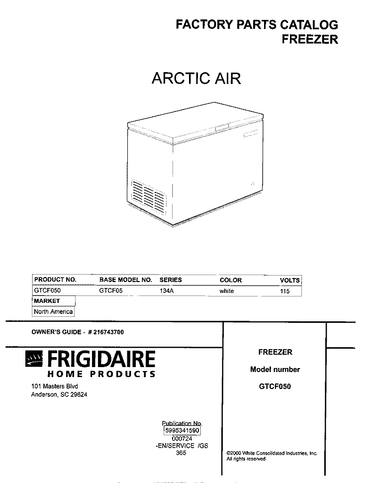 COVER Diagram and Parts List for GTCF050  Frigidaire Freezer