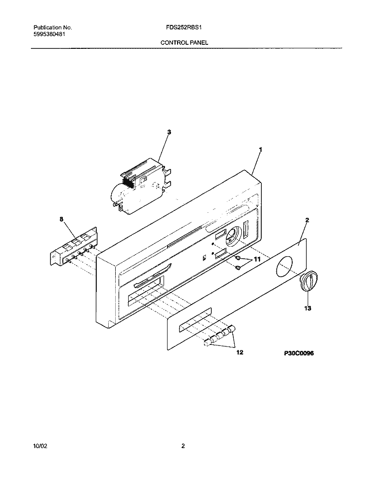 CONTROL PANEL Diagram and Parts List for FDS252RBS1  Frigidaire Dishwasher