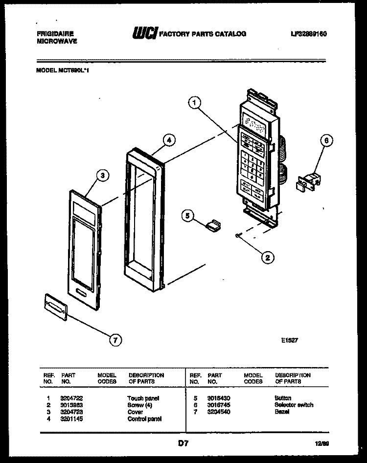 CONTROL PANEL Diagram and Parts List for MCT890L1  Frigidaire Microwave