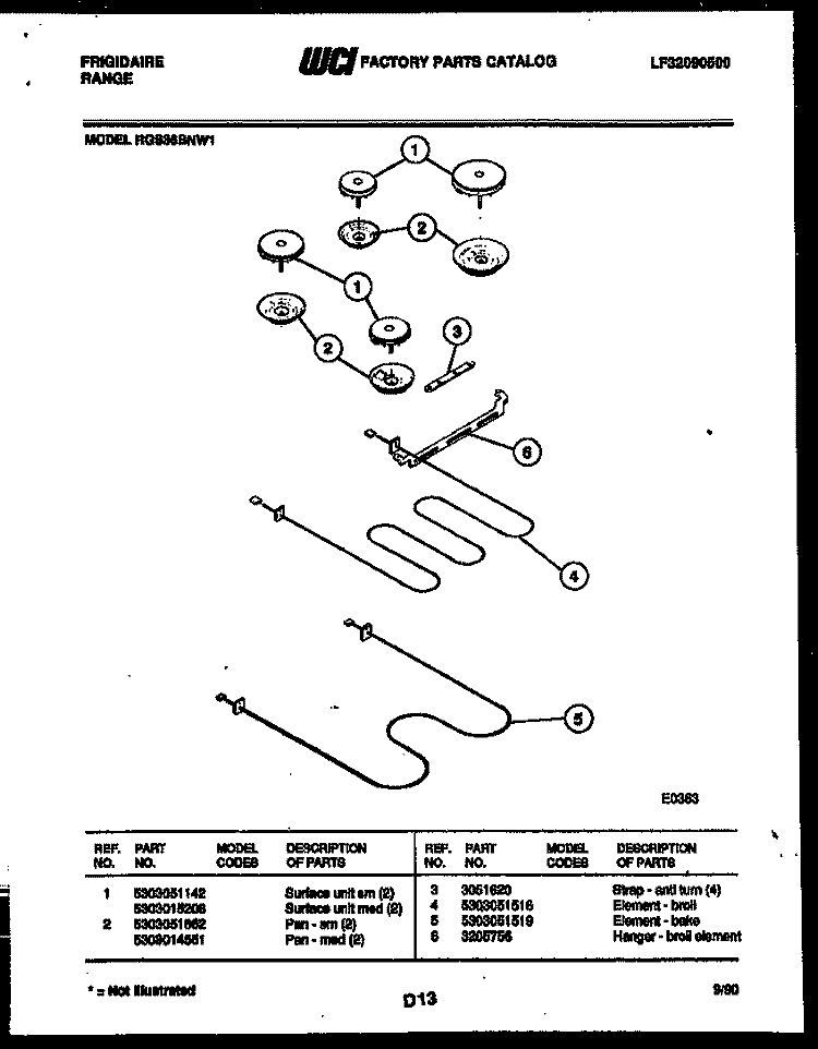 BROILER PARTS Diagram and Parts List for RGS36BNW1  Frigidaire Range