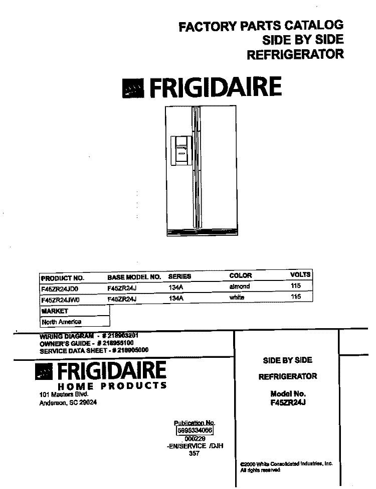 COVER Diagram and Parts List for F45ZR24JW0  Frigidaire Refrigerator