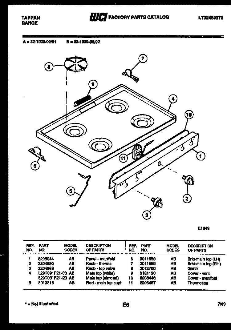 COOKTOP PARTS Diagram and Parts List for 32-1039-23-02  Tappan Range