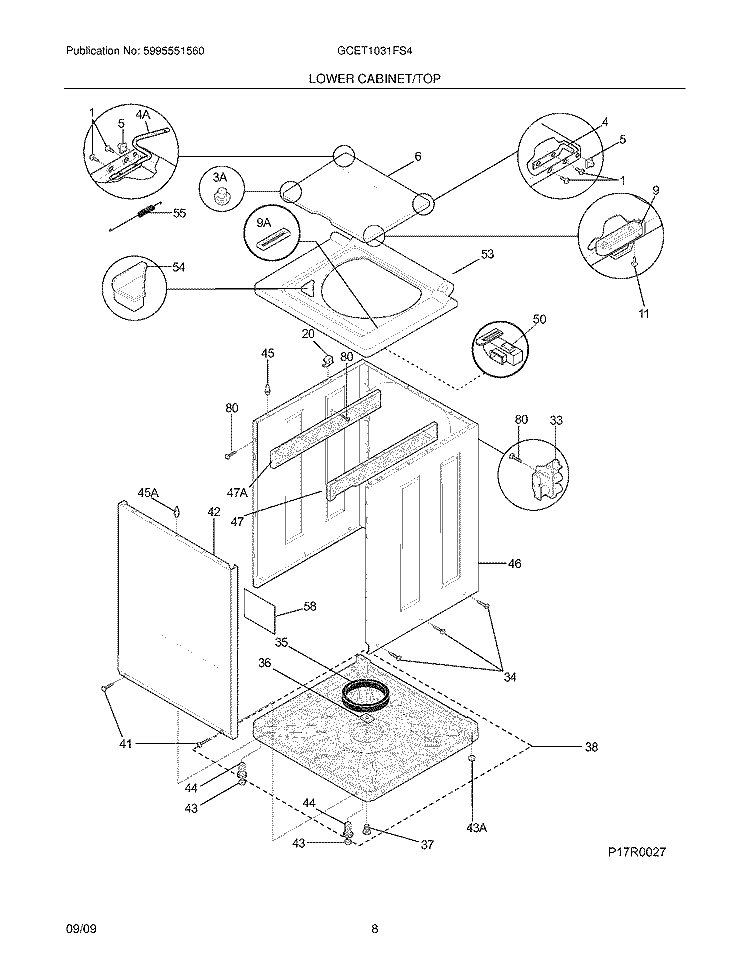 LOWER CABINET/TOP Diagram and Parts List for GCET1031FS4  Frigidaire Washer Dryer Combo