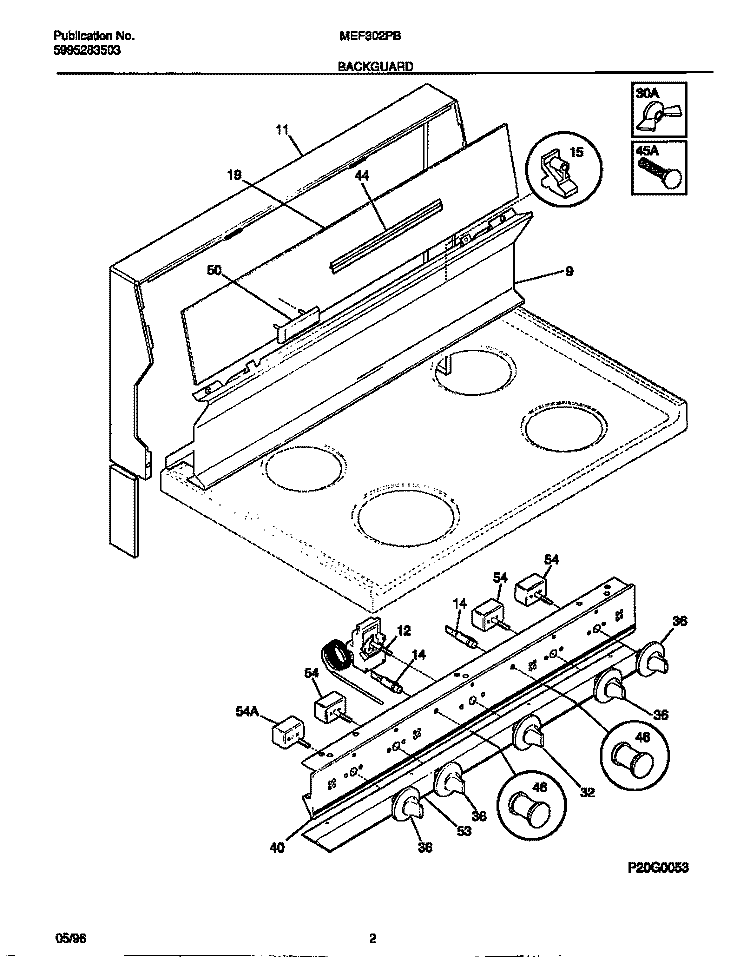 BACKGUARD Diagram and Parts List for MEF302PBWG  Frigidaire Range