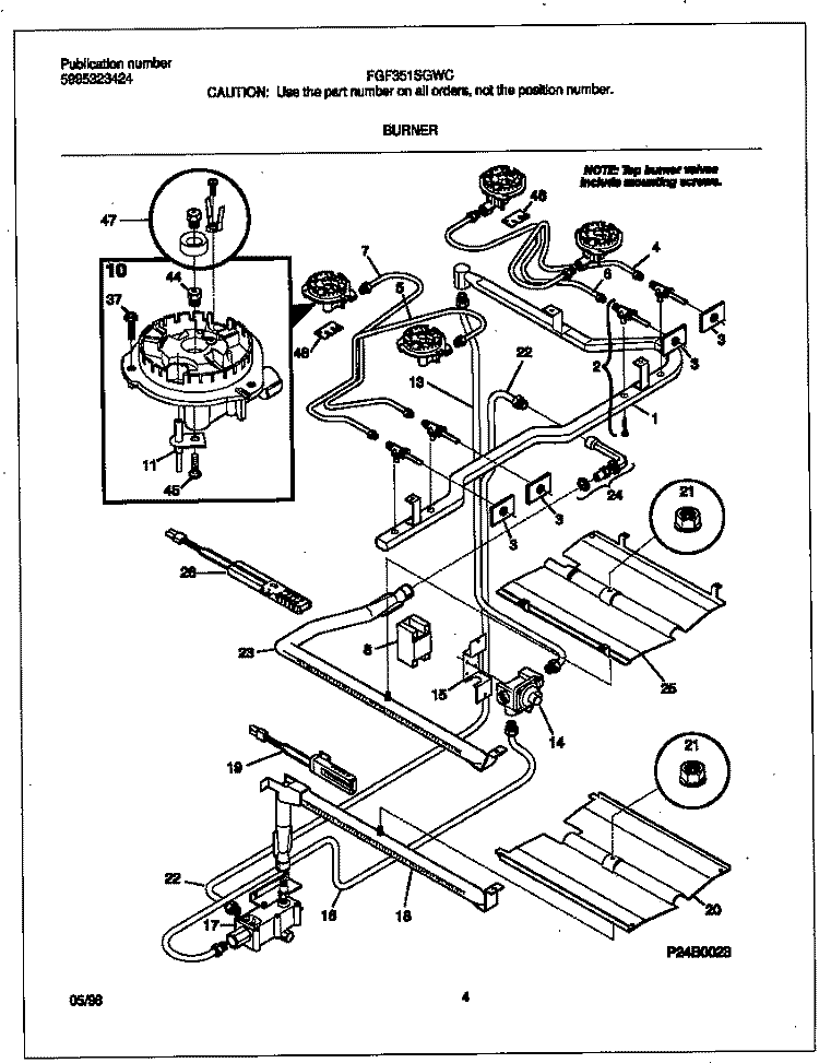 BURNER Diagram and Parts List for FGF351SGWC  Frigidaire Range