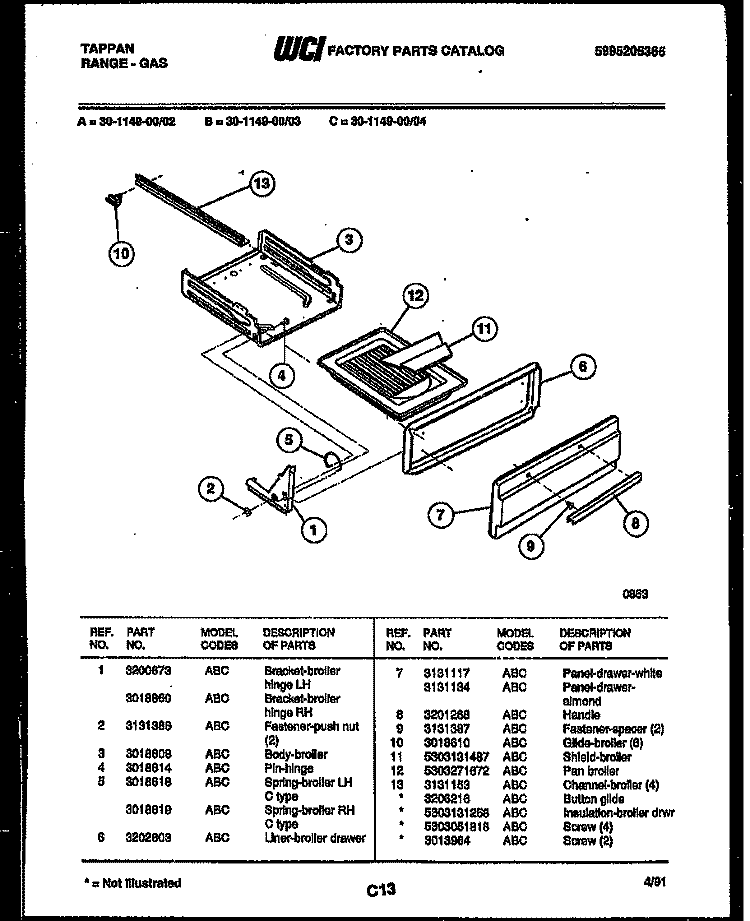 BROILER DRAWER PARTS Diagram and Parts List for 30-1149-23-04  Tappan Range